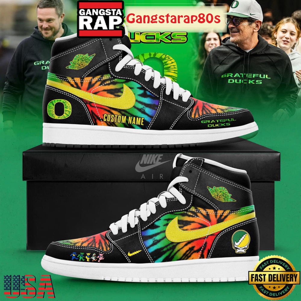 Oregon Ducks x Grateful Dead Nike Custom Air Jordan 1 Running Sneakers Shoes Oregon Ducks x Grateful Dead Nike Custom Air Jordan 1 Running Sneakers Shoes