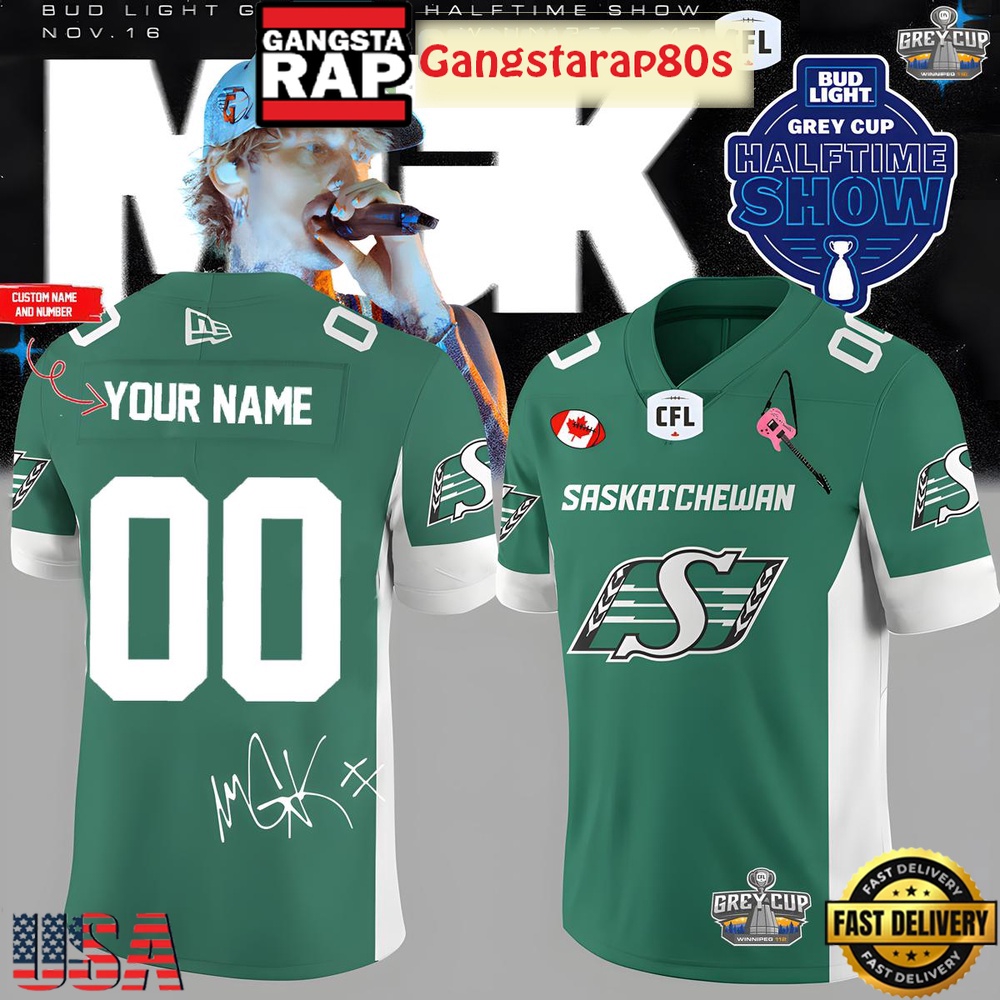 Saskatchewan Roughriders x Machine Gun Kelly 2025 Custom Football Jersey Saskatchewan Roughriders x Machine Gun Kelly 2025 Custom Football Jersey
