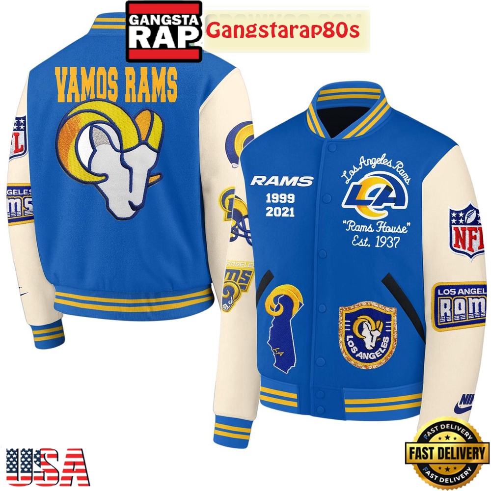 Los Angeles Rams Vamos Rams House Est 1937 New Edition Baseball Jacket Los Angeles Rams Vamos Rams House Est 1937 New Edition Baseball Jacket