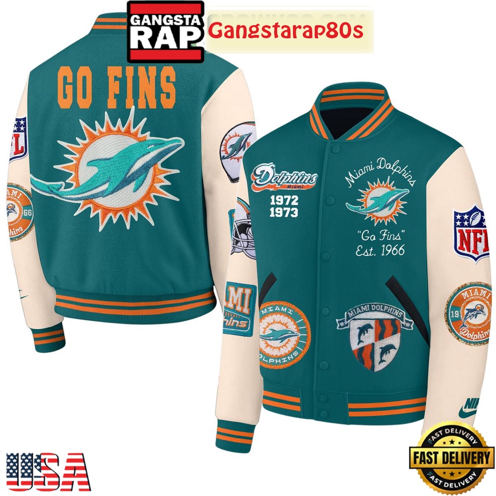 Miami Dolphins Go Fins Est 1966 New Edition Baseball Jacket Miami Dolphins Go Fins Est 1966 New Edition Baseball Jacket