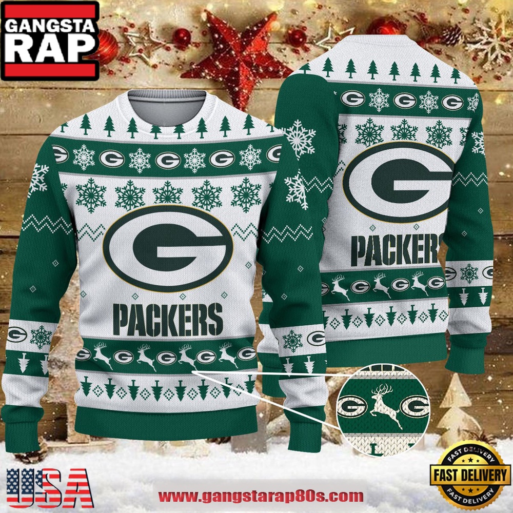 NFL Green Bay Packers 2025 Snowflake Reindeer New Design Ugly Xmas Sweater NFL Green Bay Packers 2025 Snowflake Reindeer New Design Ugly Xmas Sweater