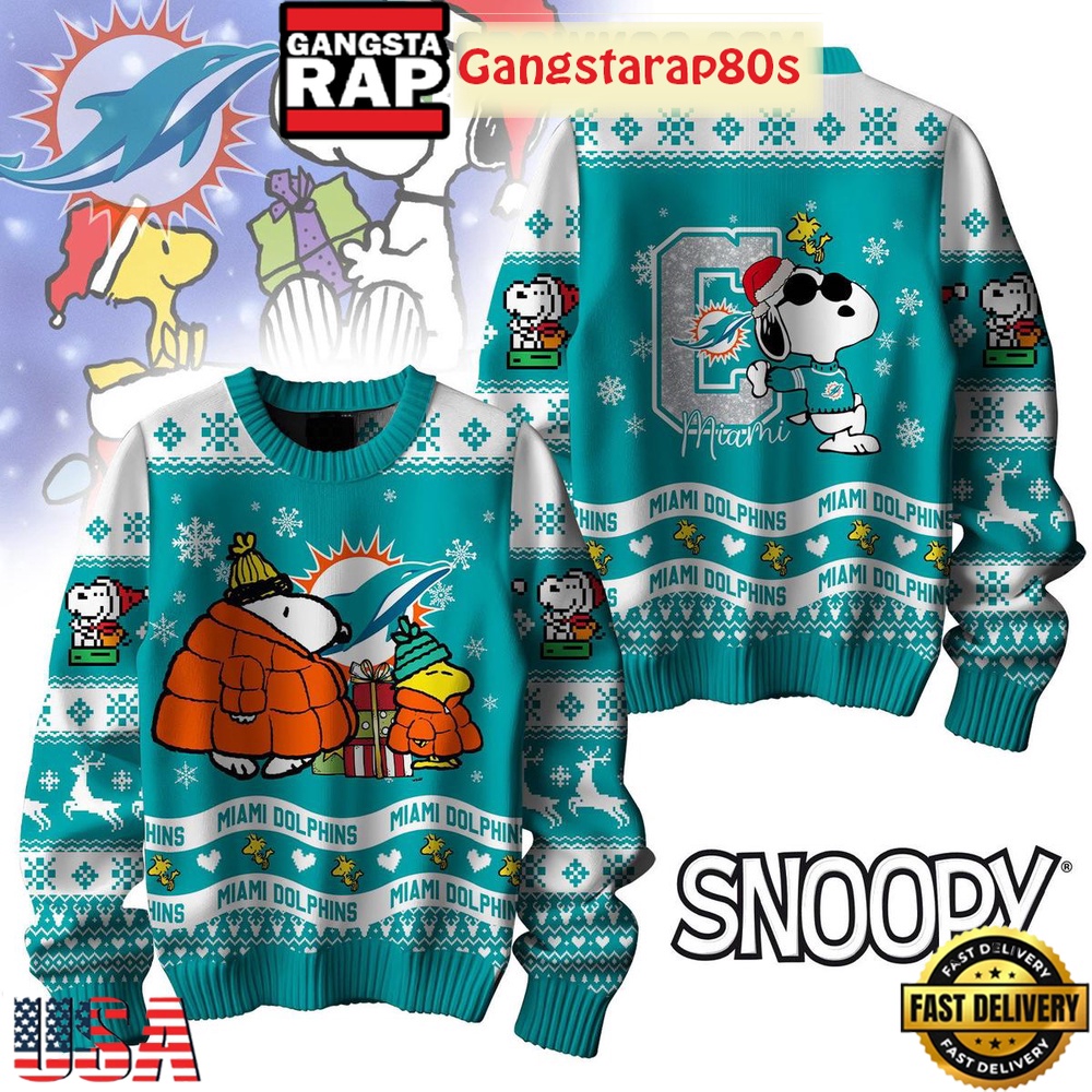 NFL Miami Dolphins x Peanuts Snoopy New Design 2025 Ugly Christmas Sweater NFL Miami Dolphins x Peanuts Snoopy New Design 2025 Ugly Christmas Sweater
